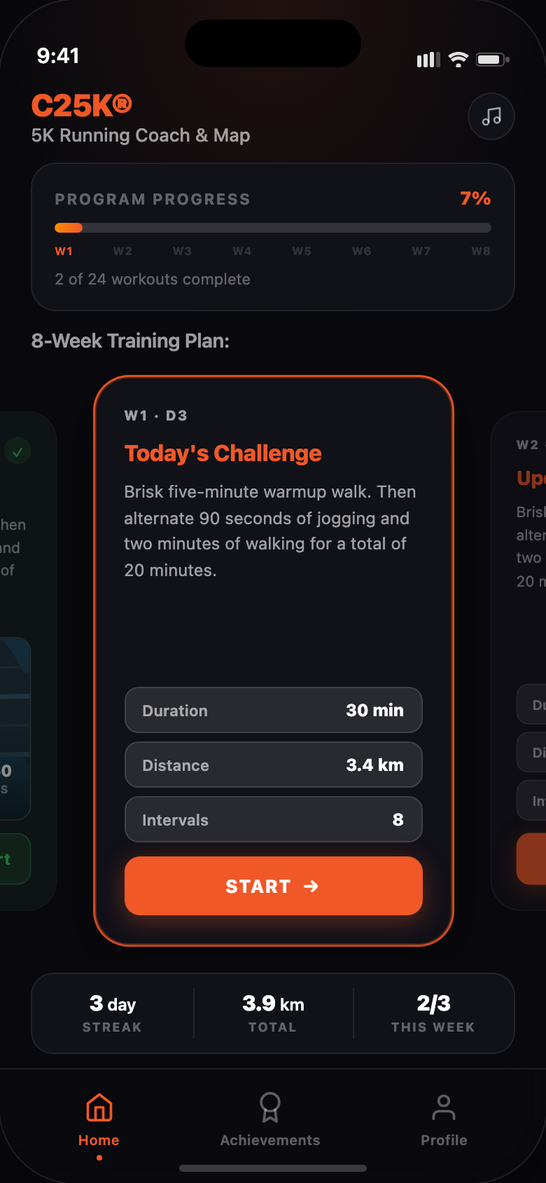 Supplied C25K app redesign showing the eight-week training plan
