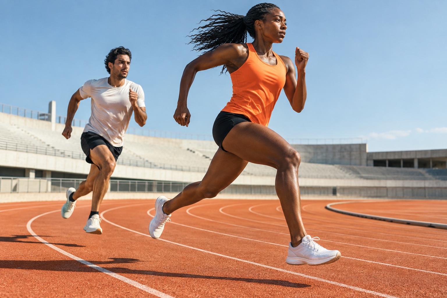 Two runners in motion on an orange athletics track; illustrative campaign image